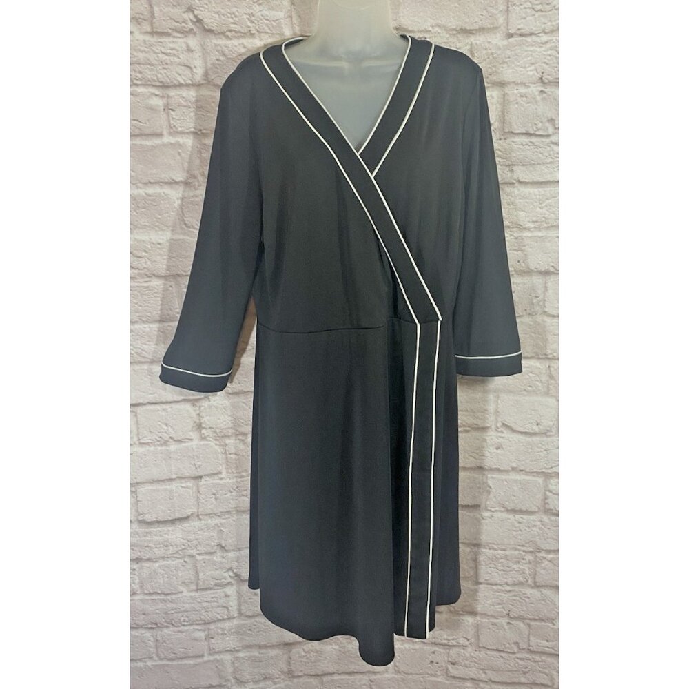 Talbots Dress Womens XL Black White Trim Career Wear Work Faux Wrap Stretch